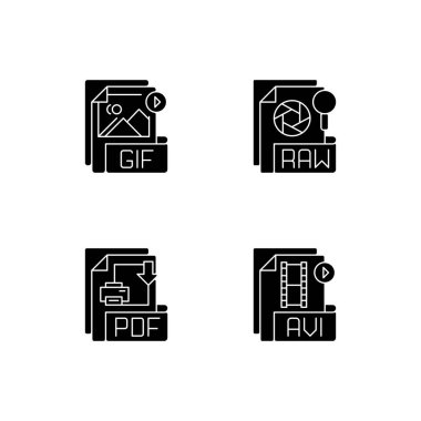 Dosya tipleri siyah kabartma simgeleri beyaz boşluğa ayarlandı. YF. Ham. PDF. AVI. Video, Raster resmi, sayfa düzenleme dosyaları. Dosya adı uzantıları. Kayıpsız biçim. Siluet sembolleri. Vektör izole illüstrasyonu
