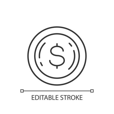 Hatıra madeni para doğrusal simgesi. Değerli metal yatırımları. Kuruşun üzerindeki dolar işareti. Ticari mal. İnce çizgi özelleştirilebilir illüstrasyon. Contour sembolü. Vektör izole çizim. Düzenlenebilir vuruş