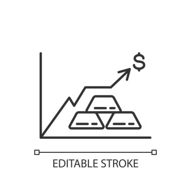 Değerli metaller doğrusal simgelere fiyat verir. Para yatırımı. Külçe ticareti. Altın al ve sat. İnce çizgi özelleştirilebilir illüstrasyon. Contour sembolü. Vektör izole çizim. Düzenlenebilir vuruş