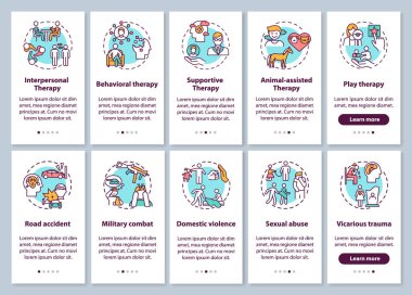 Psikoterapi türleri ve travma sonrası stres bozukluğu mobil uygulama sayfa ekranında konseptlere neden oluyor. Zihinsel sağlık sorunları 5 aşamalı grafik talimatlar. RGB renk resimleriyle UI vektör şablonu