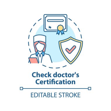Doktorların sertifika konseptini kontrol et. Terapist bilgi edinme fikri ince çizgi çizimi. Lisanslı profesyonel psikiyatrist. Vektör izole edilmiş RGB renk çizimi. Düzenlenebilir vuruş