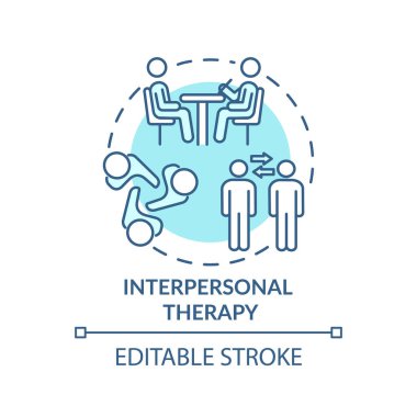 Kişiler arası terapi konsepti. Psikoterapi fikri ince çizgi çizimi. Depresyon metodu. İnsanlarla ilişkiler. Vektör izole edilmiş RGB renk çizimi. Düzenlenebilir vuruş