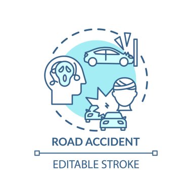 Yol kazası konsepti ikonu. Travma sonrası stres bozukluğu fikri ince çizgi çizimi. Zihinsel olarak iyileşme. Araba kazası travma belirtileri. Vektör izole edilmiş RGB renk çizimi. Düzenlenebilir vuruş