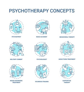Psikoterapi konsepti ikonları ayarlandı. Zihinsel sağlık tedavi fikri ince çizgi RGB renk çizimleri. Askeri savaş. Psikolog. Bağımlılık tedavisi. Vektör izole çizimler. Düzenlenebilir vuruş