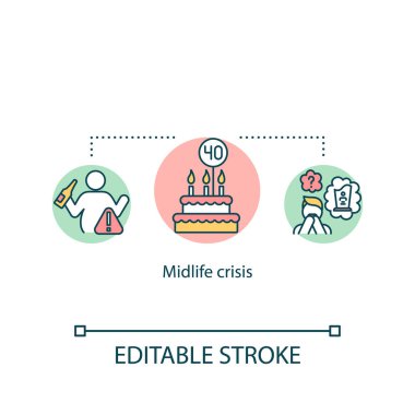 Orta yaş krizi konsepti ikonu. Psikolojik problem, depresyon fikri ince çizgi çizimi. Yaşlanma korkusu, tatminsizlik hissi. Vektör izole edilmiş RGB renk çizimi. Düzenlenebilir vuruş