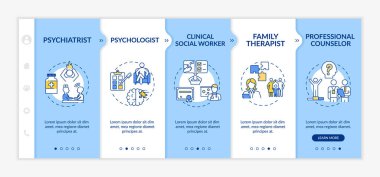 Psikoterapi kariyerleri vektör şablonunda. Sosyal hizmet görevlisi, psikiyatrist, profesyonel danışman. Simgeli ilgili mobil web sitesi. Web sayfası basamak ekranları. RGB renk kavramı