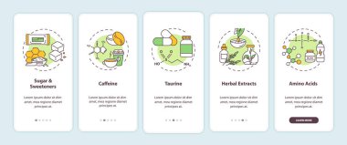 Enerji, mobil uygulama sayfa ekranında konseptlerle birlikte bileşenleri içer. Şeker, kafein, Taurine 5 aşamalı grafik talimatlar. RGB renk resimleriyle UI vektör şablonu
