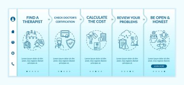 Psikoterapi tedavisi, vektör şablonuna adım atıyor. Doktor sertifikası. Araştır. Maliyet hesap makinesi. Simgeli ilgili mobil web sitesi. Web sayfası basamak ekranları. RGB renk kavramı
