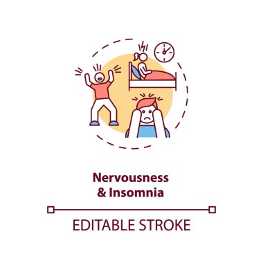Nervousness and insomnia concept icon. Nervous exhaustion idea thin line illustration. Sleeplessness. Restlessness. Stress and anxiety. Vector isolated outline RGB color drawing. Editable stroke clipart