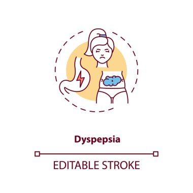 Dyspepsia konsept ikonu. Mide sorunları ince çizgi çizimi fikri. Enerji yan etkilerini içer. Asit dengesi bozuldu. Mide ekşimesi. Vektör izole edilmiş RGB renk çizimi. Düzenlenebilir vuruş