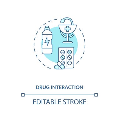 Uyuşturucu etkileşimi konsepti ikonu. İlaçlar ince çizgiler çiziyor. Enerji yan etkilerini içer. Muhtemel zehirlenme. Vektör izole edilmiş RGB renk çizimi. Düzenlenebilir vuruş