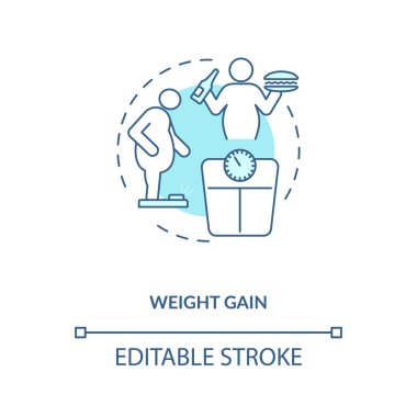 Kilo alma konsepti simgesi. Enerjide kaloriler ince çizgi çizimi fikri. Sağlık durumu. Yüksek enerjili yiyecekler. Diyabet tedavisi. Vektör izole edilmiş RGB renk çizimi. Düzenlenebilir vuruş