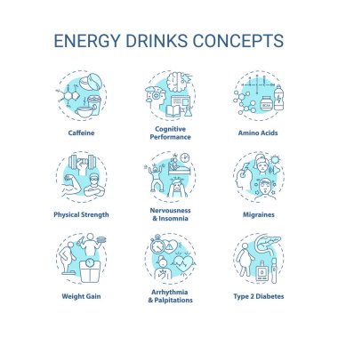 Enerji içecekleri konsept simgeleri ayarlandı. Sağlık sorunları ince çizgi RGB renk çizimleri. Kafein. Migren ağrısı. Amino asitler. Fiziksel güç. Vektör izole çizimler. Düzenlenebilir vuruş