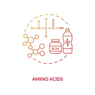 Amino asitlerin konsept simgesi. Enerji fikri ince çizgi çizimi. Proteinler binayı bloklar. Yüksek amino asit içeriği. Organik bileşikler. BCAA takviyesi. Vektör izole edilmiş RGB renk çizimi