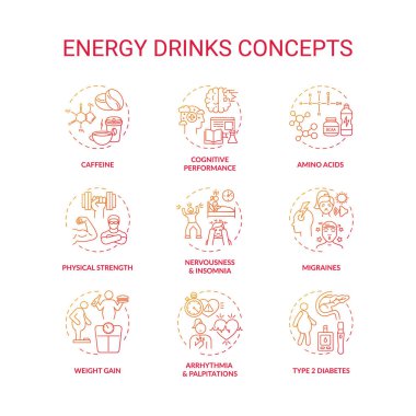 Enerji içecekleri konsept simgeleri ayarlandı. Sağlık sorunları ince çizgi RGB renk çizimleri fikri. Kilo aldım. Bilişsel performans. Amino asitler. Fiziksel güç. Vektör izole çizimleri