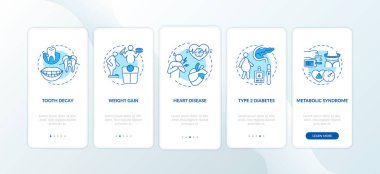 Enerji, mobil uygulama sayfa ekranında konseptlerle birlikte negatif etkiler içeriyor. Diş aşınması, kilo alma, 5 aşamalı grafik talimatlar. RGB renk resimleriyle UI vektör şablonu