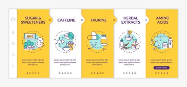 Enerji, vektör şablonunda bulunan bileşenleri içer. Şeker, taurin, amino asitler, bitkisel özler. Simgeli ilgili mobil web sitesi. Web sayfası basamak ekranları. RGB renk kavramı