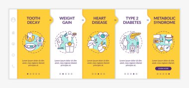 Enerji içecekleri tüketmek, vektör şablonunda yer alma riskine girer. Kilo aldım. Kalp rahatsızlığı. Metabolik sendrom. Simgeli ilgili mobil web sitesi. Web sayfası basamak ekranları. RGB renk kavramı