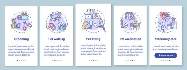 Evcil hayvan hizmetleri mobil uygulama sayfası ekranında kavramlarla birlikte. Küçük arkadaş servisi. Hayvan bakımı fikirleri 5 aşamalı grafik talimatlar içeriyor. RGB renk resimleriyle UI vektör şablonu