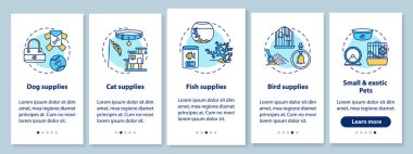 Evcil hayvan mağazası konseptli mobil uygulama sayfası ekranı sunar. Hayvan malzemeleri, fikirleri 5 adımlık grafik talimatlara göre depoluyor. RGB renk resimleriyle UI vektör şablonu