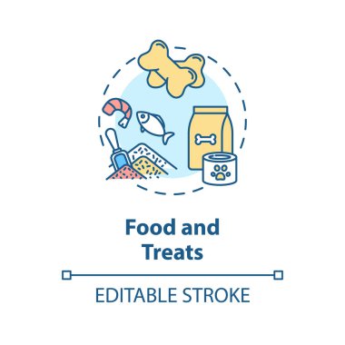 Yiyecek ve ikram konsepti ikonu. Köpek kampı servisi. En çok sevilen köpek mamaları. Lezzetli tedaviler ince çizgiler çiziyor. Vektör izole edilmiş RGB renk çizimi. Düzenlenebilir vuruş