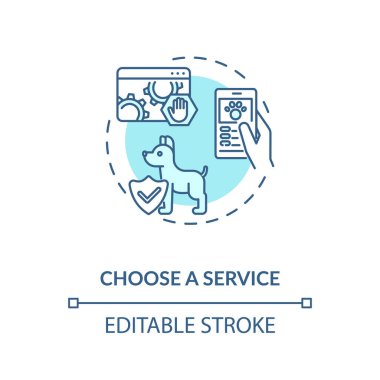 Bir servis konsepti simgesi seçin. Bakım salonu hizmetleri uygulaması. Hayvan bakım merkezi hizmetleri. Hayvan barınağı fikri ince çizgi çizimi. Vektör izole edilmiş RGB renk çizimi. Düzenlenebilir vuruş