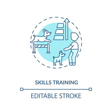 Yetenek eğitim konsepti ikonu. Köpek kampı servisi. Daha güçlü bir vücut. Hayvan hızı artıyor. Eğitim fikri ince çizgi çizimi. Vektör izole edilmiş RGB renk çizimi. Düzenlenebilir vuruş