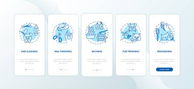 Mobil uygulama sayfası ekranında kavramları olan tımar hizmetleri tipleri. Hayvan bakıcılığı, fikirlerin 5 adımlık grafiksel talimatlara göre ilerlemesini sağlar. RGB renk resimleriyle UI vektör şablonu