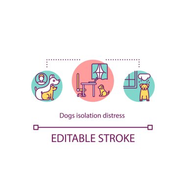 Köpekler izolasyon tehlike konsepti ikonu. Ayrılık endişesi. Davranış ve duygusal sorunlar. Yalnız evcil hayvanlar ince çizgiler çizerler. Vektör izole edilmiş RGB renk çizimi. Düzenlenebilir vuruş