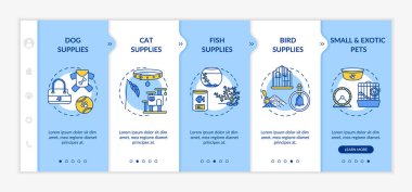 Evcil hayvan mağazası taşıyıcı şablonu sunuyor. Köpek, kedi, balık, kuş, küçük ve egzotik hayvan malzemeleri. Simgeli ilgili mobil web sitesi. Web sayfası basamak ekranları. RGB renk kavramı