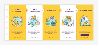 Bakım hizmetleri vektör şablonunda yer alıyor. Kulak temizleme. Tırnak törpüleme. Banyo yapmak. Simgeli ilgili mobil web sitesi. Web sayfası basamak ekranları. RGB renk kavramı