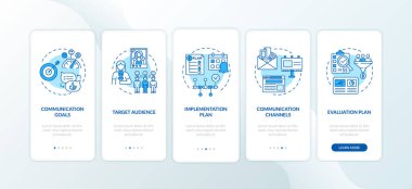 İletişim stratejisi bileşenleri mobil uygulama sayfa ekranında kavramlarla birlikte. İletişim grubu 5 aşamalı grafik talimatları inceliyor. RGB renk resimleriyle UI vektör şablonu