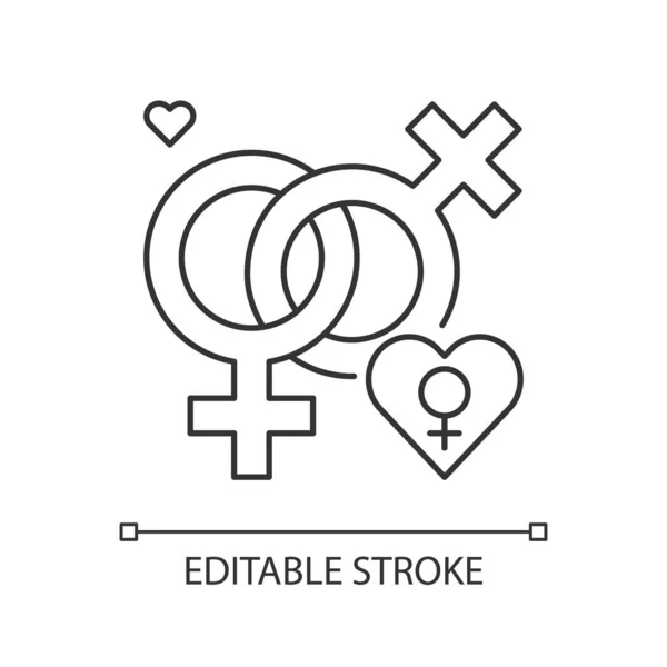 レズビアン関係のシンボルピクセル完璧な線形アイコン プライドパレード バイセクシャルライフスタイル 細い線のカスタマイズ可能なイラスト 輪郭のシンボル ベクトル絶縁外形図面 編集可能なストローク — ストックベクタ