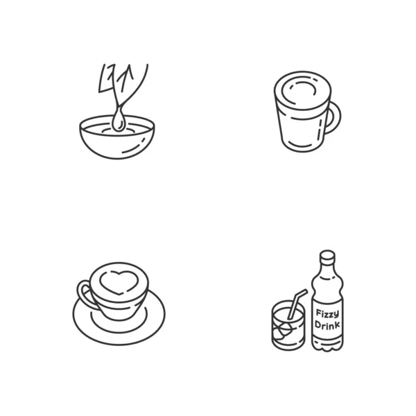 饮料线形图标设置 草药提取物 卡布奇诺在杯子里松软的饮料 拿铁在杯子里可定制的细线轮廓符号 孤立的矢量轮廓图解 可编辑笔划 — 图库矢量图片