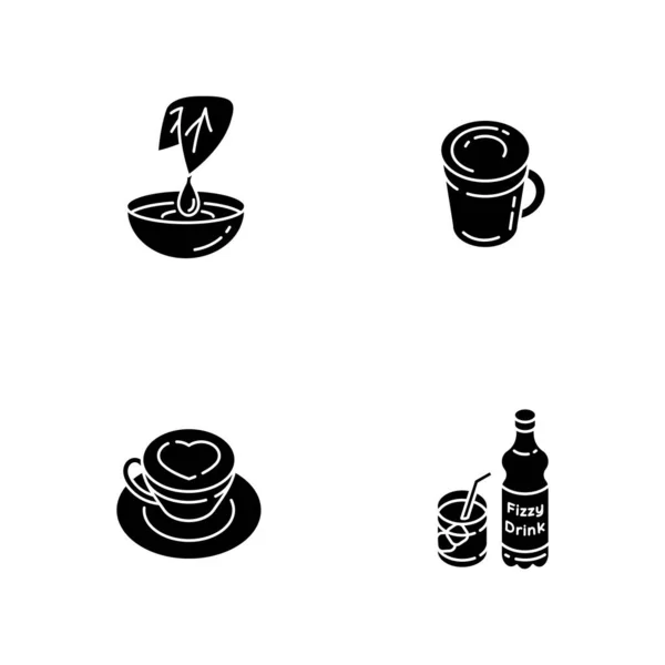 饮料的黑色石榴图标设置在白色的空间 草药提取物 卡布奇诺在杯子里松软的饮料 拿铁在杯子里瓶装碳酸饮料 轮廓符号 矢量孤立的说明 — 图库矢量图片