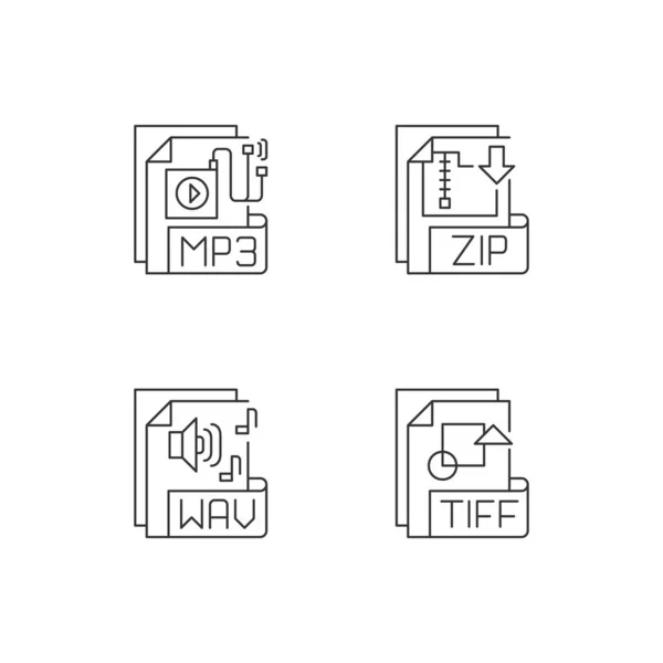 Типи Файлів Пікселів Ідеальний Набір Лінійних Піктограм Mp3 Зіп Безпілотник — стоковий вектор