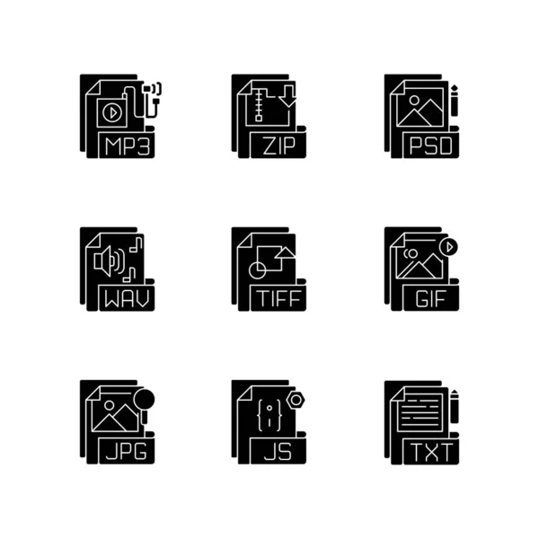 Bestandsformaten Zwarte Glyph Pictogrammen Ingesteld Witte Ruimte Verschillende Types Audio — Stockvector