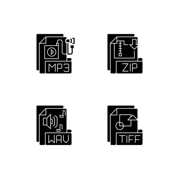 Типи Файлів Чорні Піктограми Гліфів Встановлені Білому Просторі Mp3 Зіп — стоковий вектор