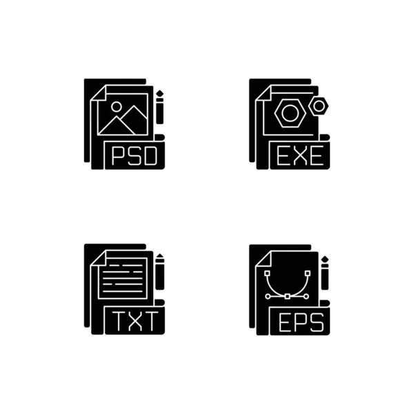 ファイルタイプ白いスペースに設定された黒いグリフアイコン Psd そうだ Txt Eps ラスター画像 ベクトル画像 実行ファイル 簡単なテキストエディタ シルエットのシンボル — ストックベクタ