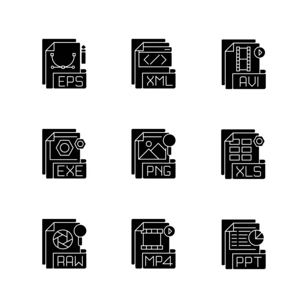 File Formats Black Glyph Icons Set White Space Different Types — Stock Vector