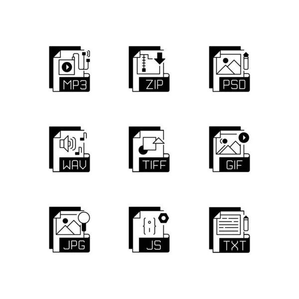 Formats Fichiers Noir Icônes Linéaires Ensemble Différents Types Audio Compression — Image vectorielle