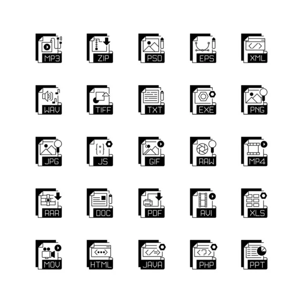 File Extensions Black Linear Icons Set Different Types Text Audio — Stock Vector