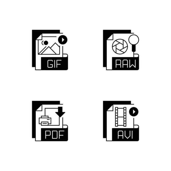 Tipi File Set Icone Lineari Nere Gif Raw Pdf Avi — Vettoriale Stock