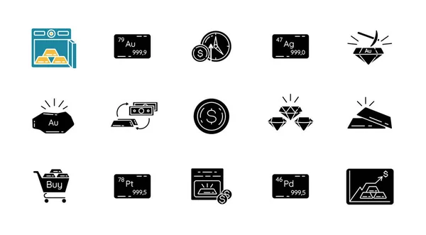 Precious Metals Investment Black Glyph Icons Set White Space Business — Stock Vector