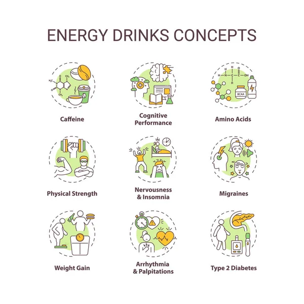 Conjunto Iconos Concepto Bebidas Energéticas Efectos Para Salud Idea Línea — Archivo Imágenes Vectoriales