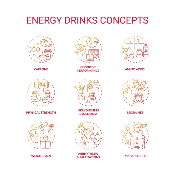 Conjunto Iconos Concepto Bebidas Energéticas Problemas Salud Idea Línea Delgada — Archivo Imágenes Vectoriales