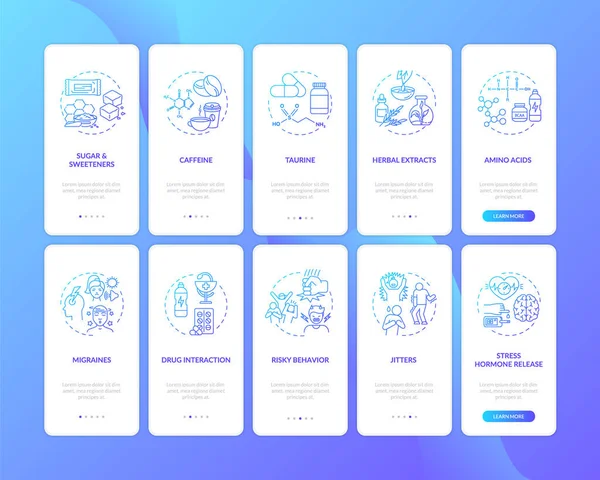 エネルギードリンク成分とコンセプトセットでモバイルアプリのページ画面上の危険性をオンボーディング 健康上のリスクは5つのステップのグラフィック指示を歩く Rgbカラーイラスト付きUiベクトルテンプレート — ストックベクタ