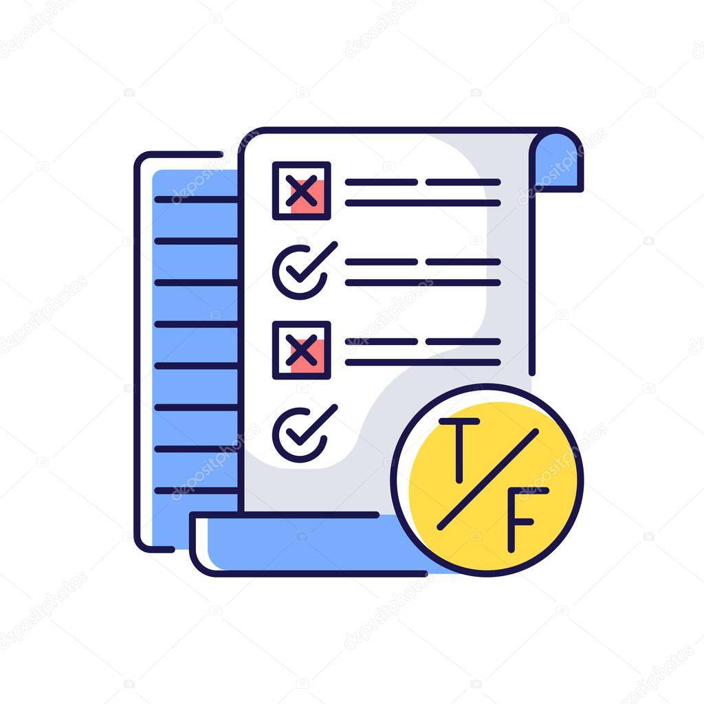 True false test RGB color icon. Short answer questioning. Knowledge check. Examination in school and inuversity. Isolated vector illustration