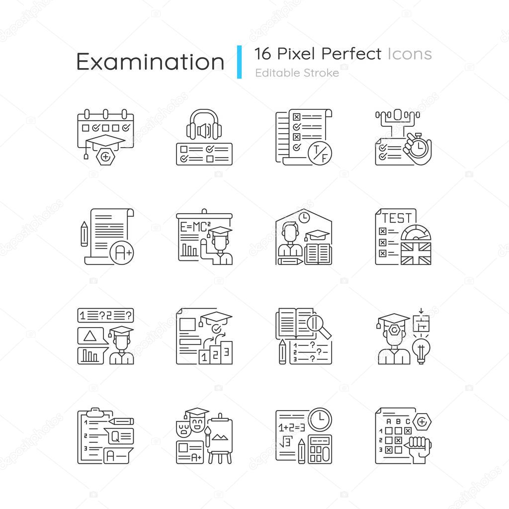 Examination tests pixel perfect linear icons set. Exam paper with answers. Studying, education. Customizable thin line contour symbols. Isolated vector outline illustrations. Editable stroke