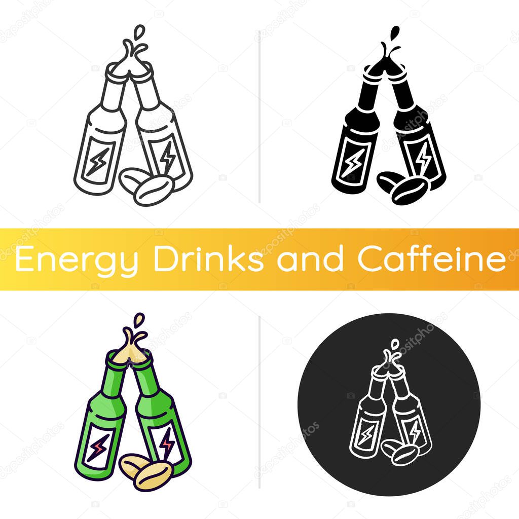 Caffeinated alcoholic drink icon. Energy beverage with coffee ingredient. Bottled product toast. Booze with caffeine. Linear black and RGB color styles. Isolated vector illustrations